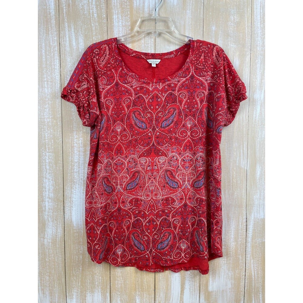 Lucky Brand Top Women's Size 1x Red Tunic Paisley Short Sleeve Boho Basic Soft - Picture 1 of 10